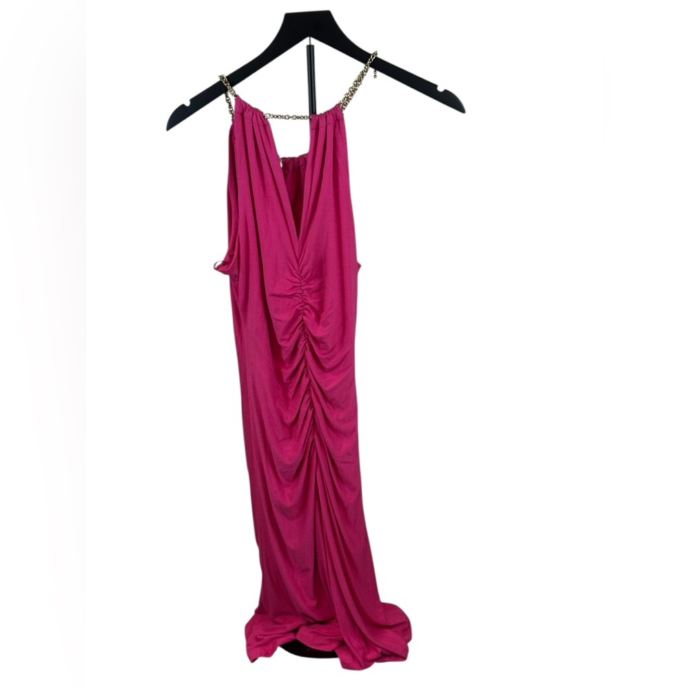 Caché Pink Ruched Maxi Dress with Gold Chain Straps – Size M